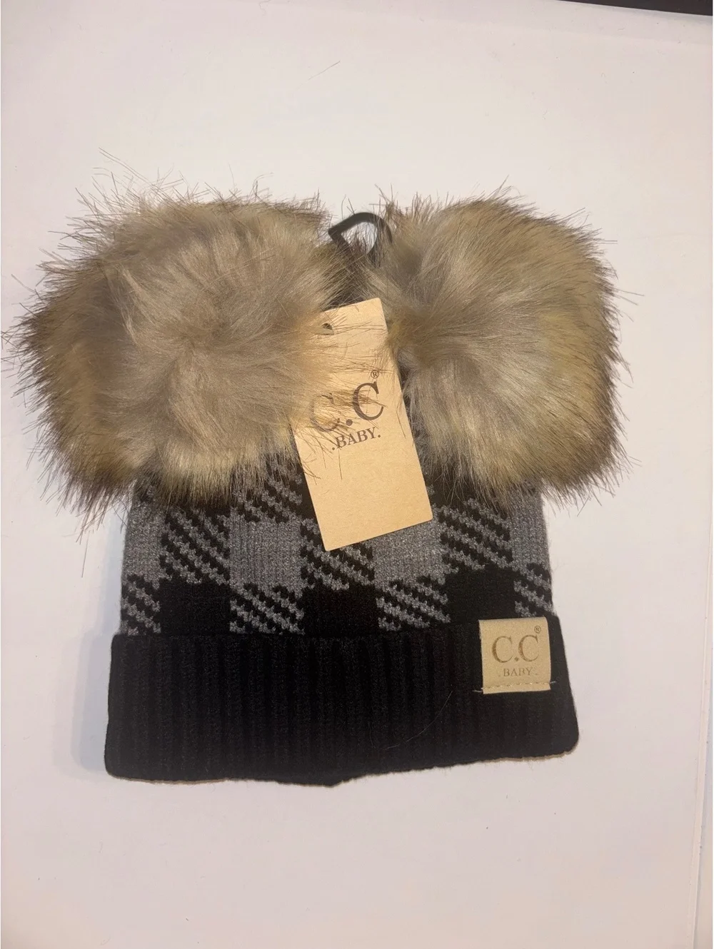 C.C Baby Buffalo Plaid Double Pom Beanie Black Grey NWT Infant Winter Hat